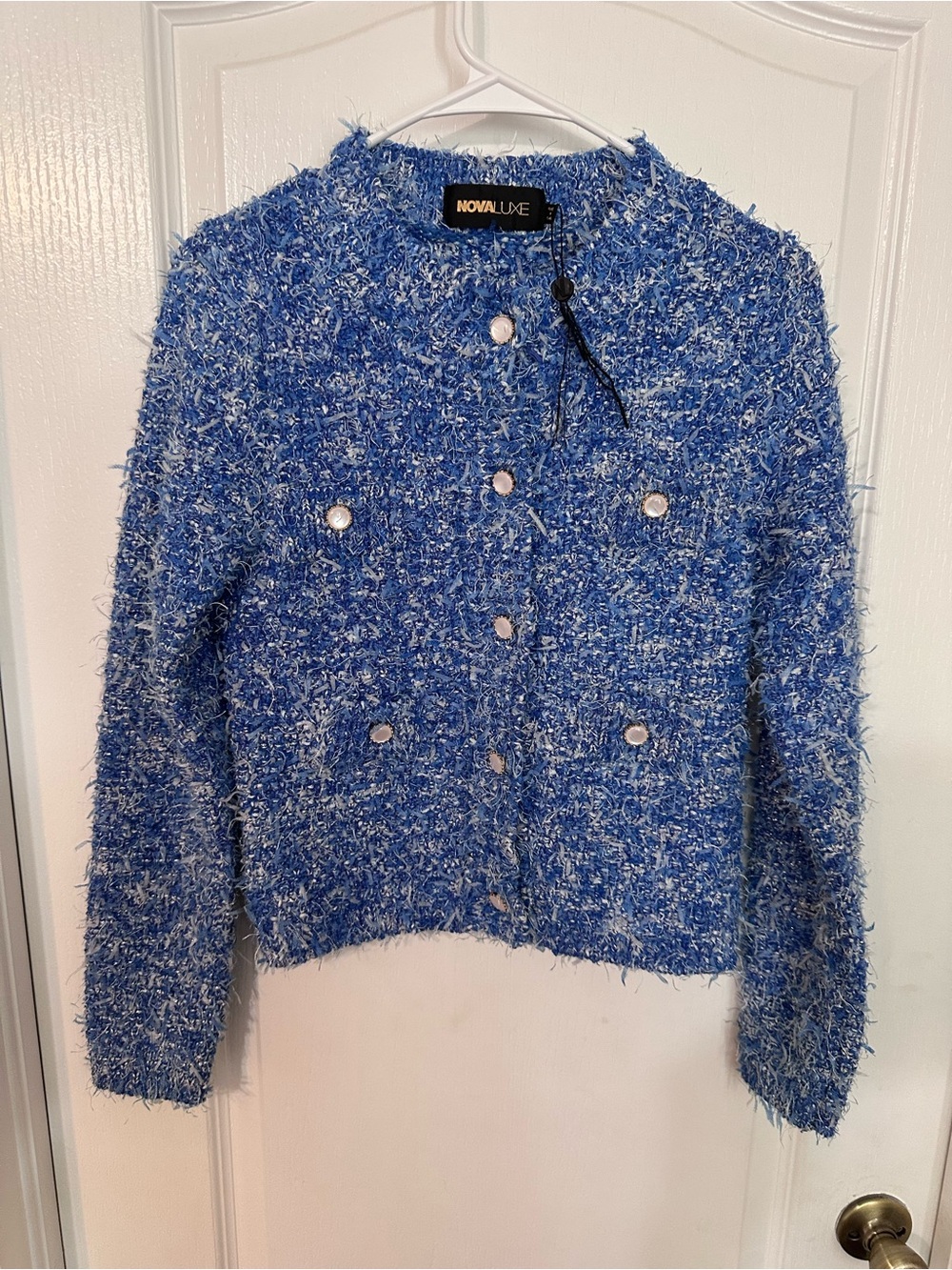 Fashion Nova Blue Bouclé Pearl-Button Blazer Jacket NWOT